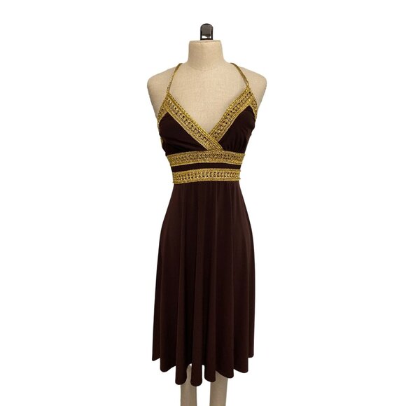 Vintage Eliza J. New York Brown & Gold Halter Dress With Crochet Detailing - Picture 2 of 8